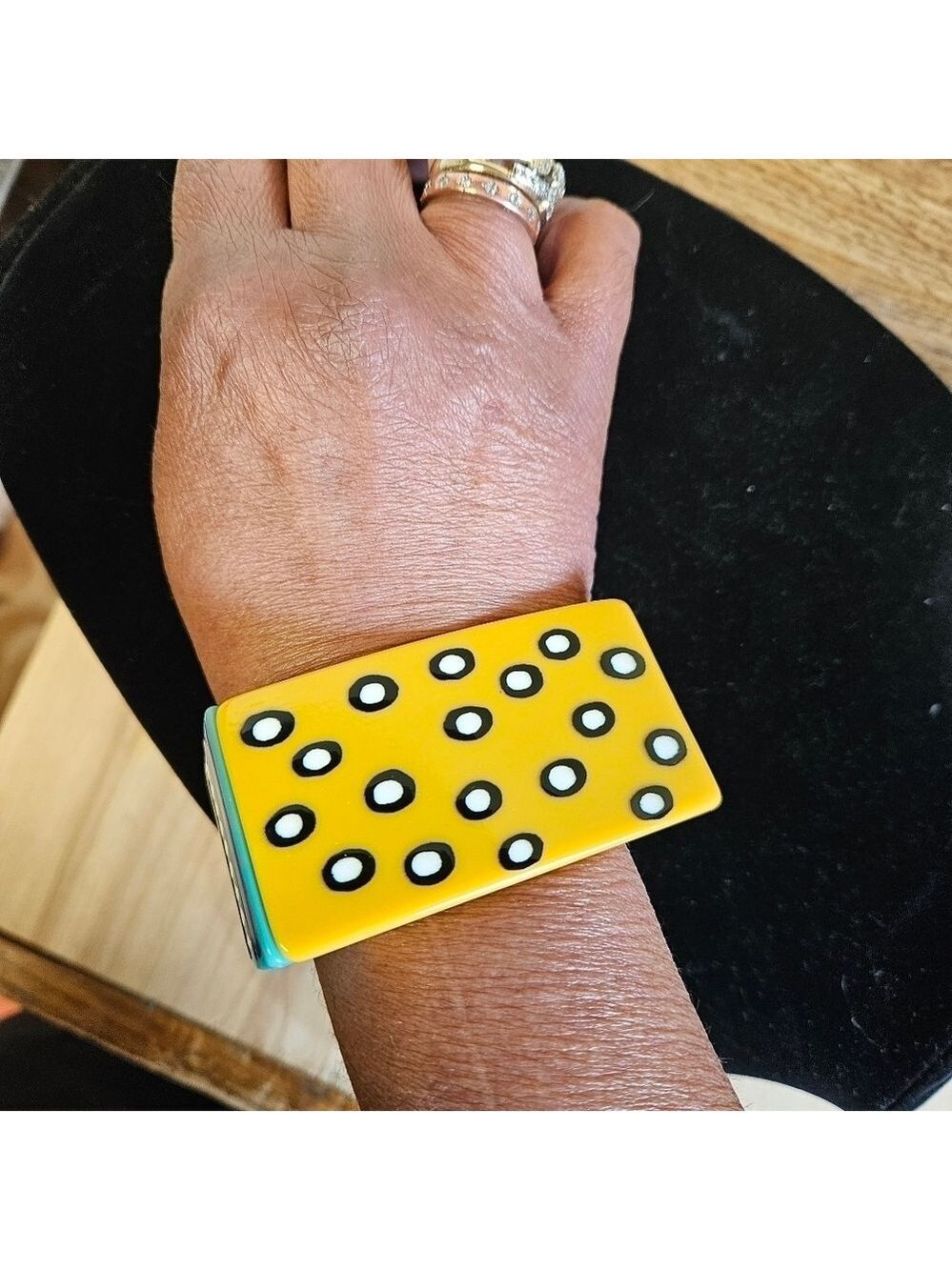Zara Mustard Yellow and Teal Printed Rectangular Resin Hinge Bracelet